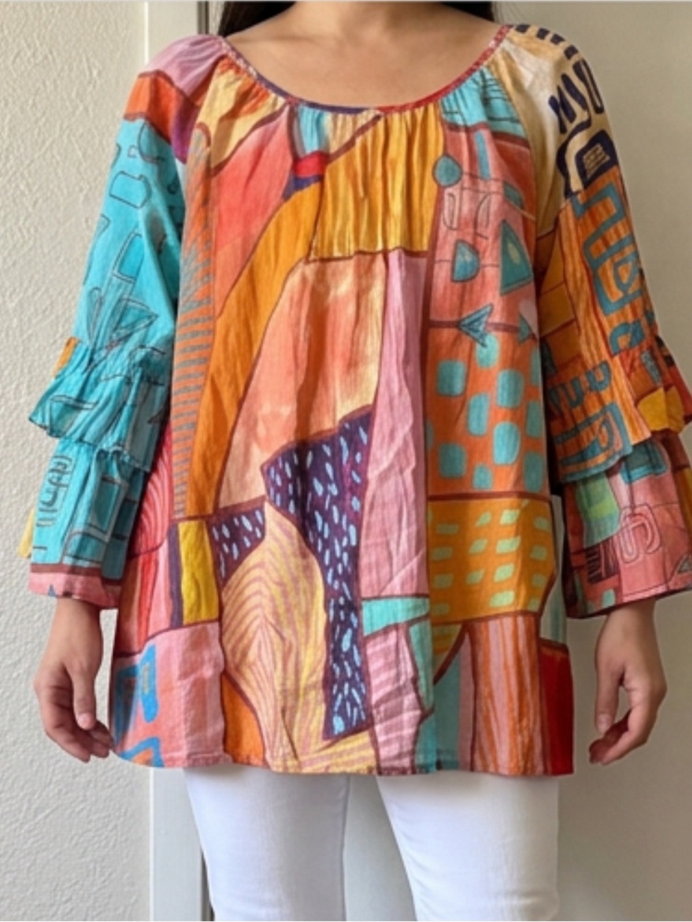 ORIENTIQUE Naturally Australia Boho Multi-Color Printed Peasant Top Sz XL Women